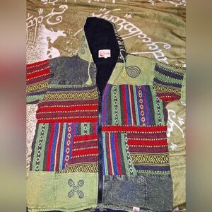 Colorful Green Patchwork Hoodie With Fleece Lining Unisex 2XL Never Worn